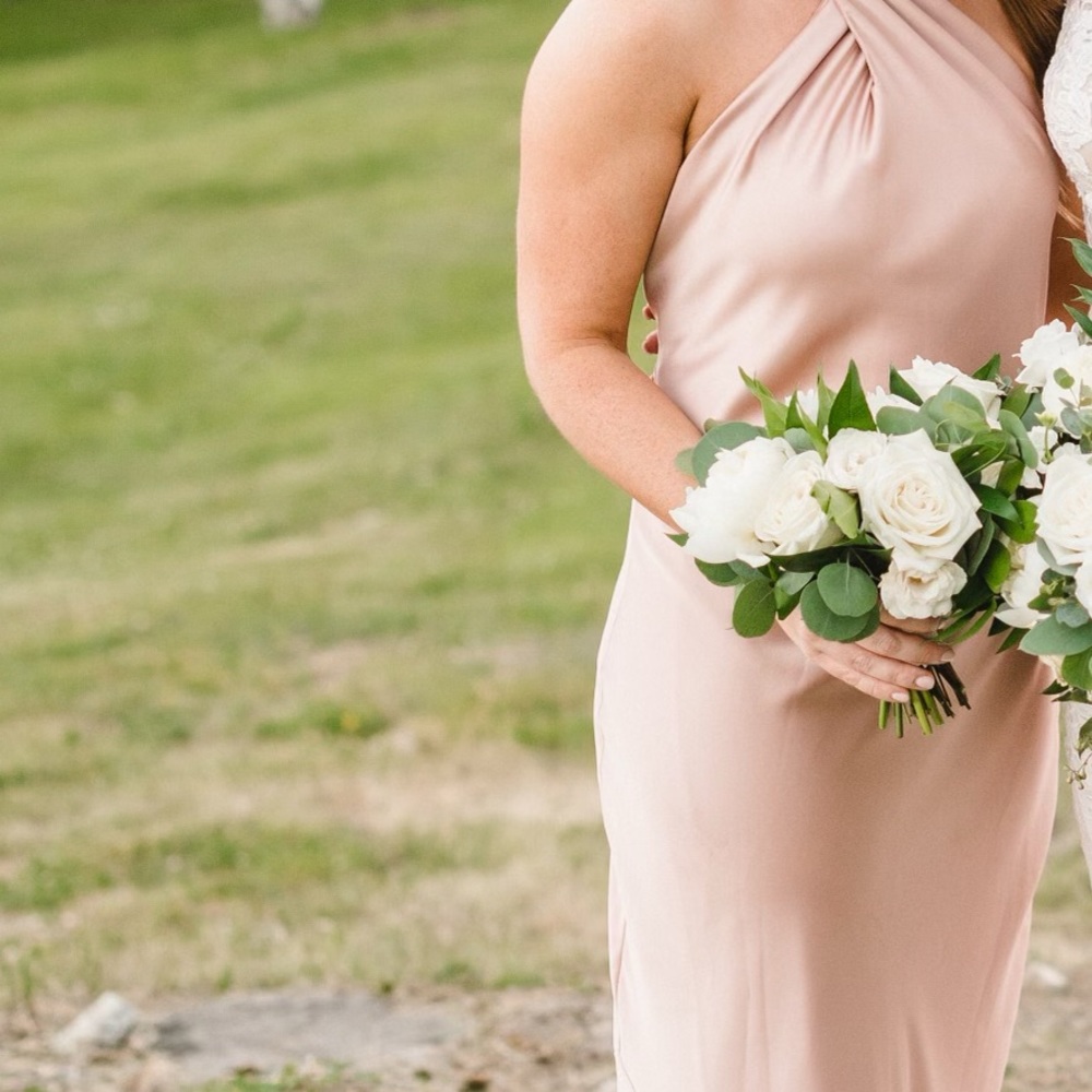 Show Me Your Mumu Jasmine halter dress in rose gold, worn once, runs big